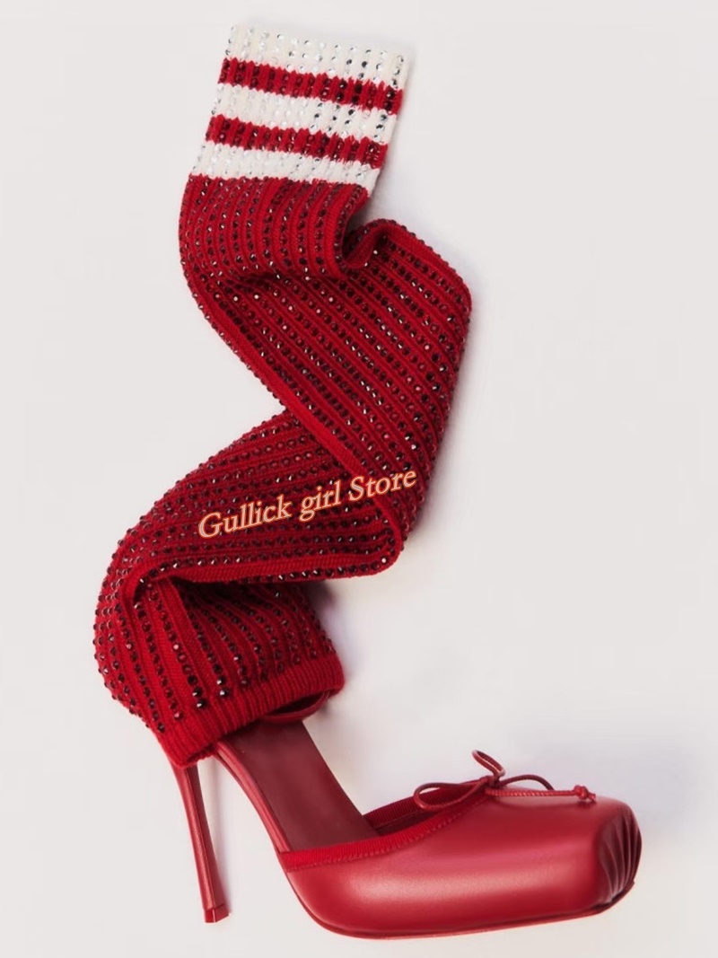 Red Knit Square Toe Boots Cut  - Knee High Sock Women reseña y precio