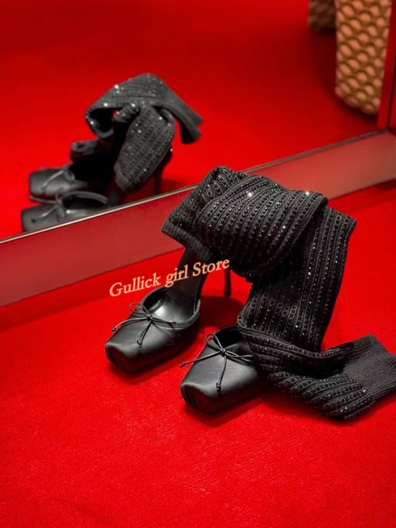Red Knit Square Toe Boots Cut  - Knee High Sock Women reseña y precio